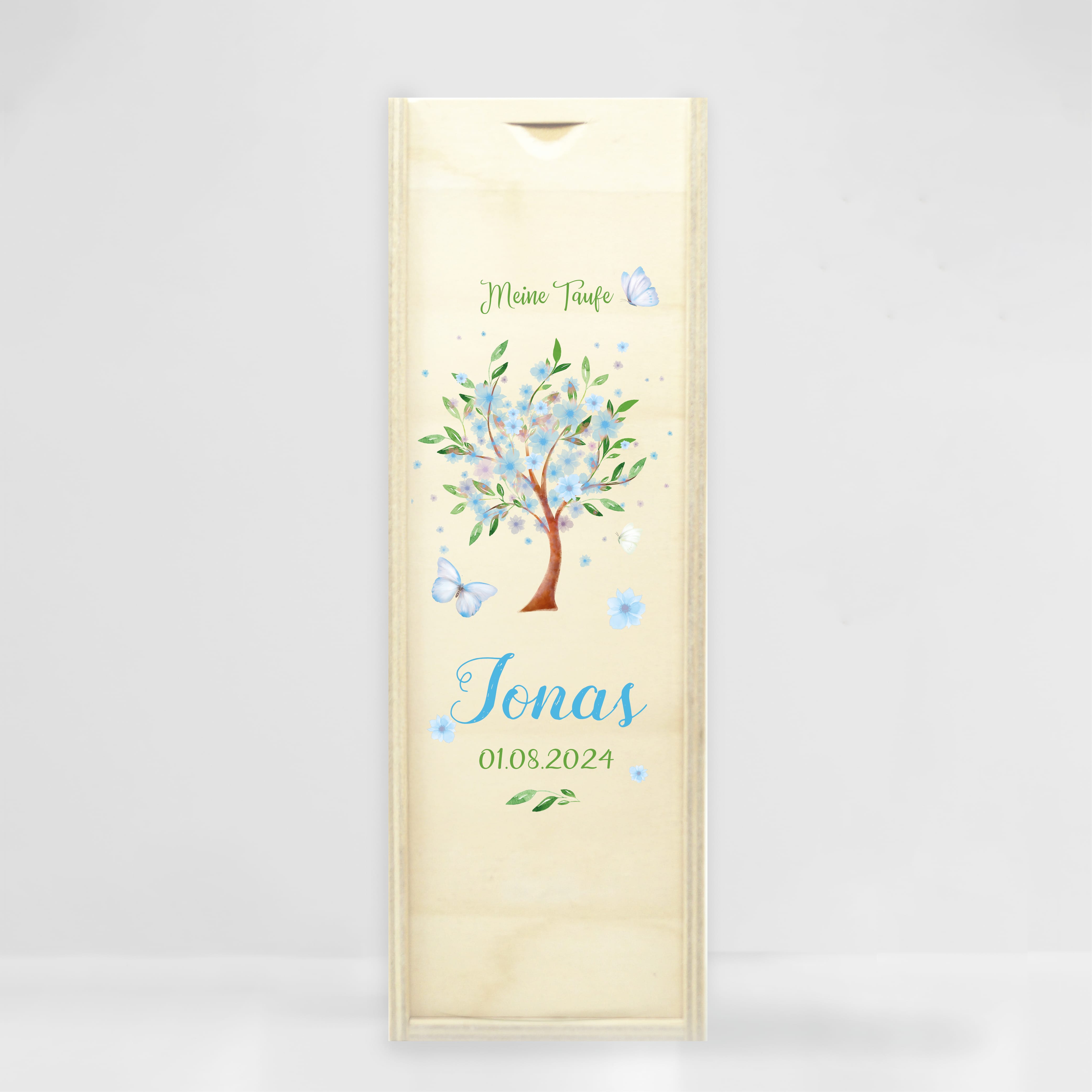 Auf dem Bild ist das Produkt: Taufkerze für Mädchen oder Junge Baum mit Blüten Taufspruch Personalisierung zum Preis von €5.90 abgebildet.
