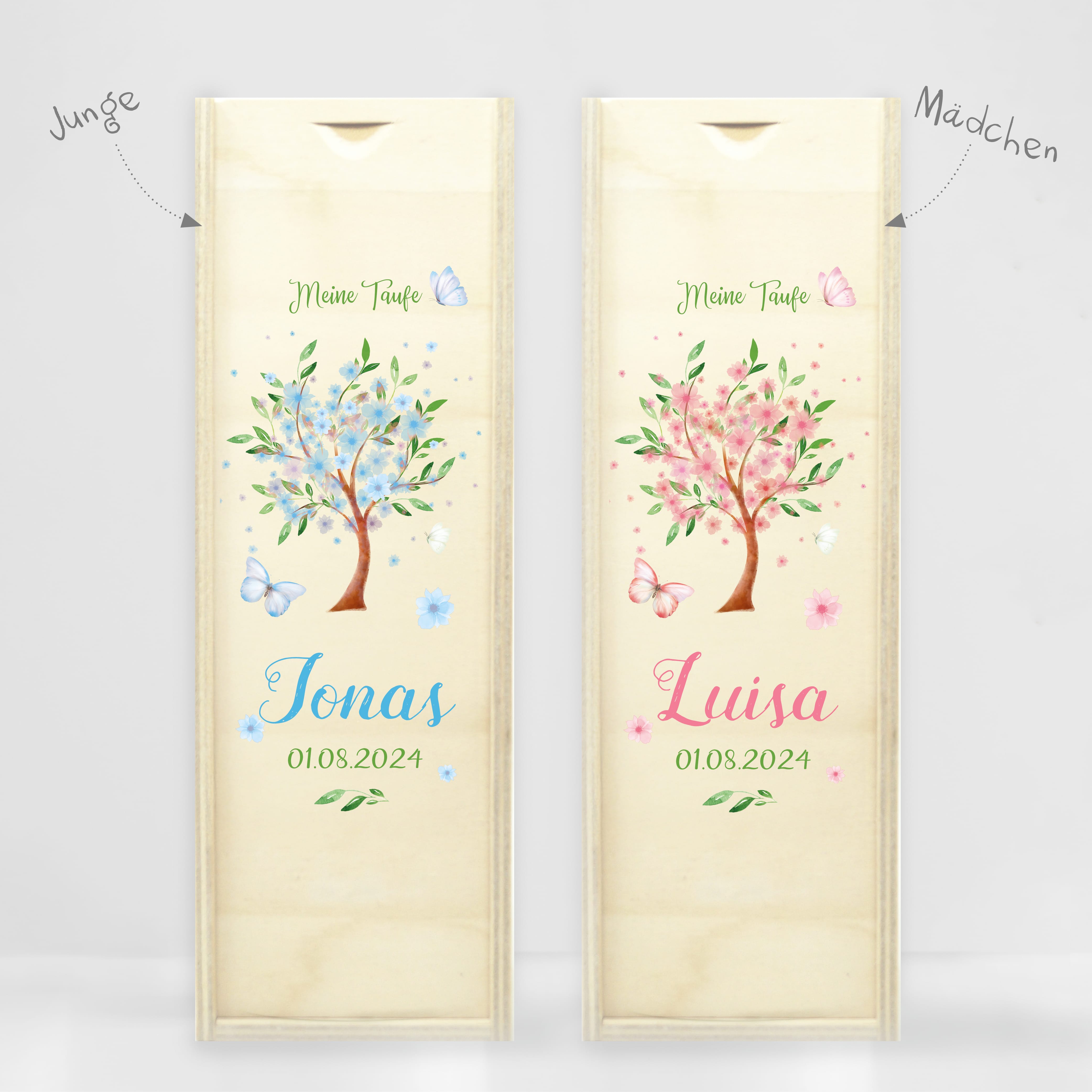 Auf dem Bild ist das Produkt: Taufkerze für Mädchen oder Junge Baum mit Blüten Taufspruch Personalisierung zum Preis von €5.90 abgebildet.