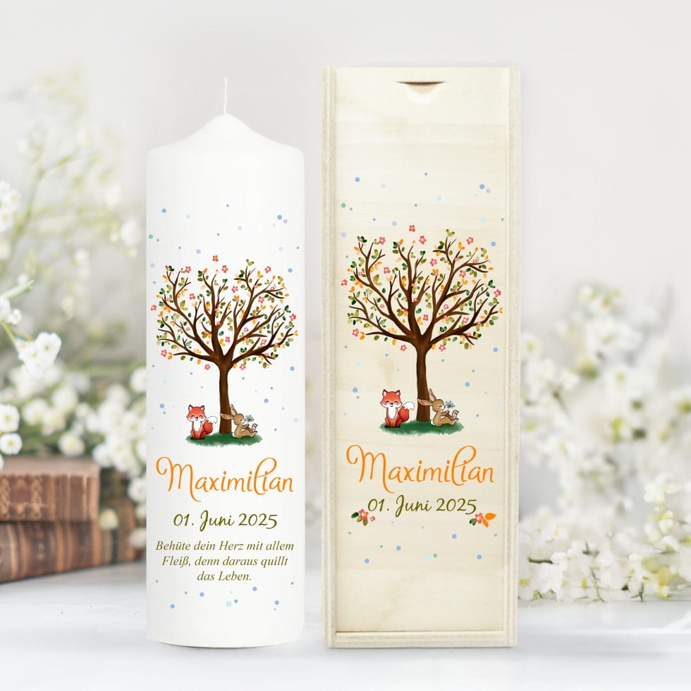 Individualisierte Taufkerze Mit Baum & Marienkäfer - Wunschname & Spruch