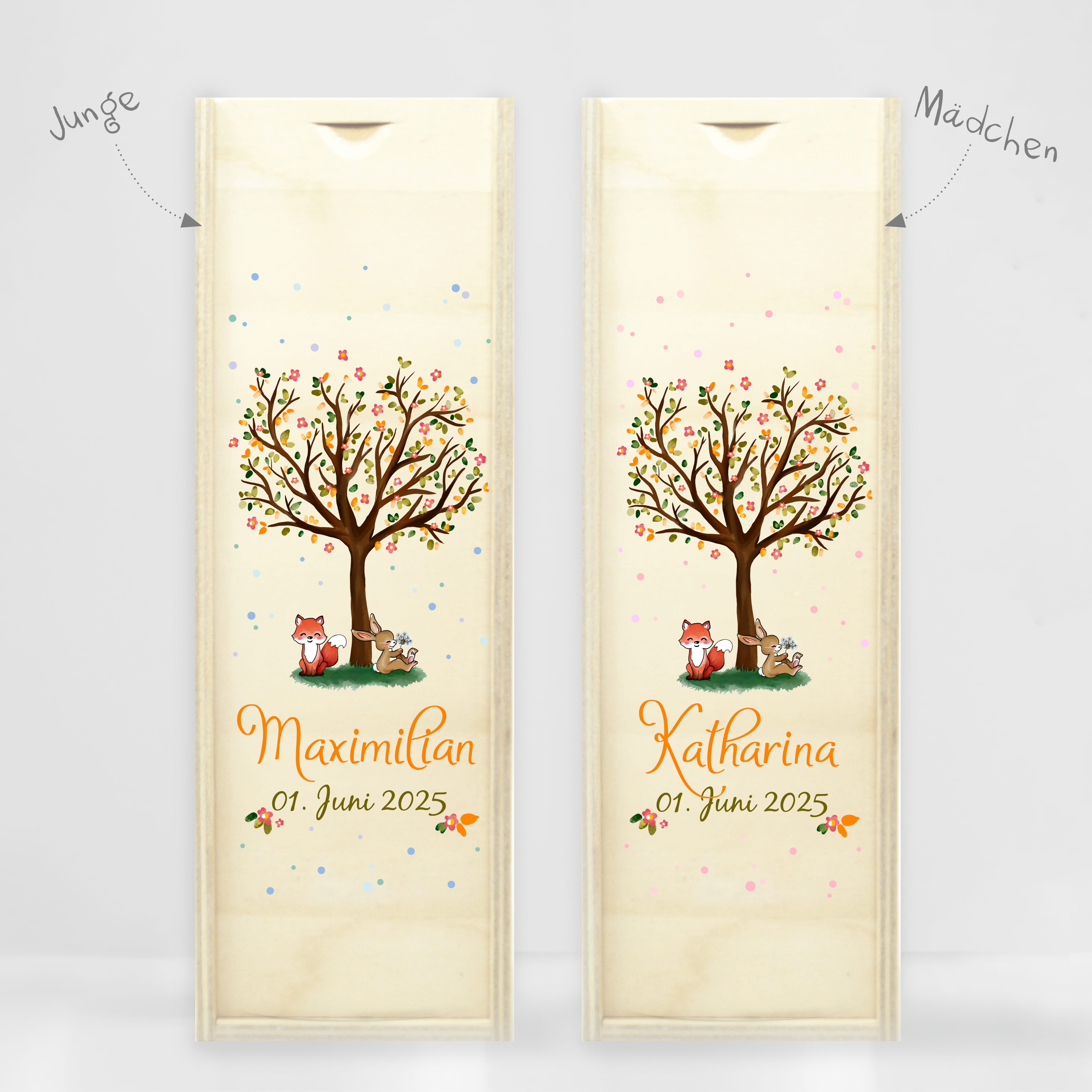 Auf dem Bild ist das Produkt: Taufkerze Kerze zur Taufe Baum Spruch Taufspruch individualisierbar tree Hase und Fuchs zum Preis von €6.4 abgebildet.