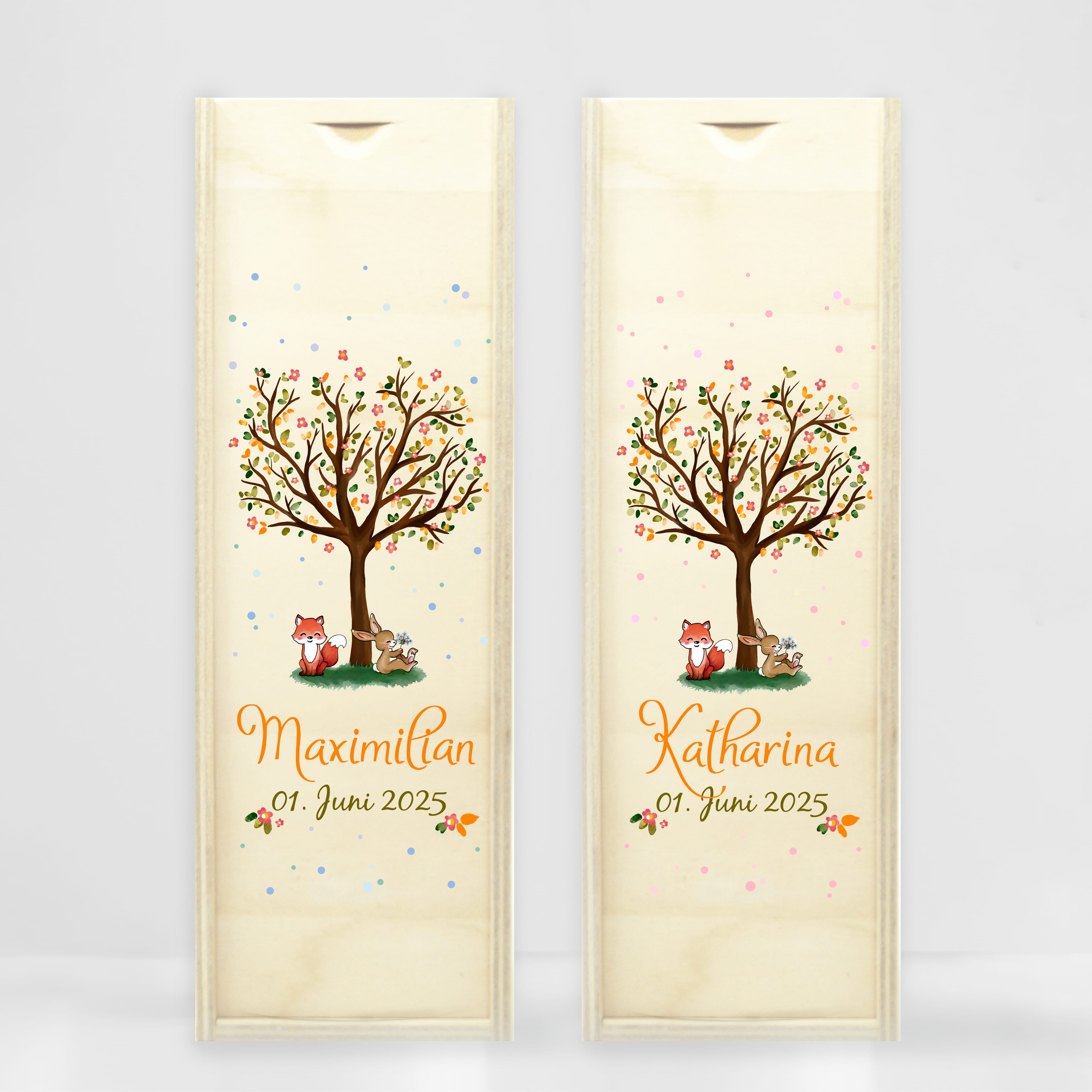 Auf dem Bild ist das Produkt: Taufkerze Kerze zur Taufe Baum Spruch Taufspruch individualisierbar tree Hase und Fuchs zum Preis von €6.4 abgebildet.