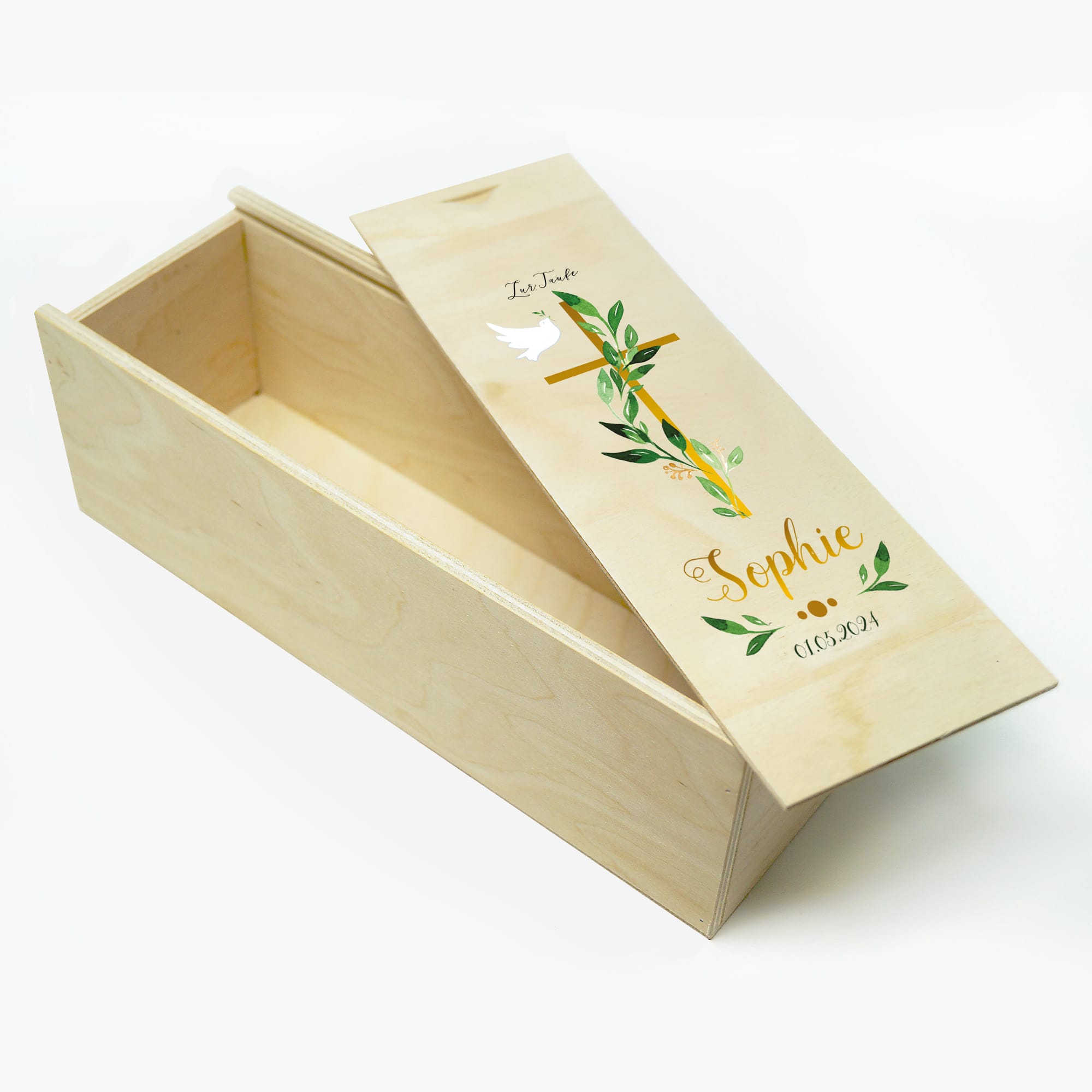 Auf dem Bild ist das Produkt: Taufkerze Blätter Kreuz Kerze zur Taufe mit Namen Junge Mädchen Personalisiert Datum Taufspruch zum Preis von €5.90 abgebildet.