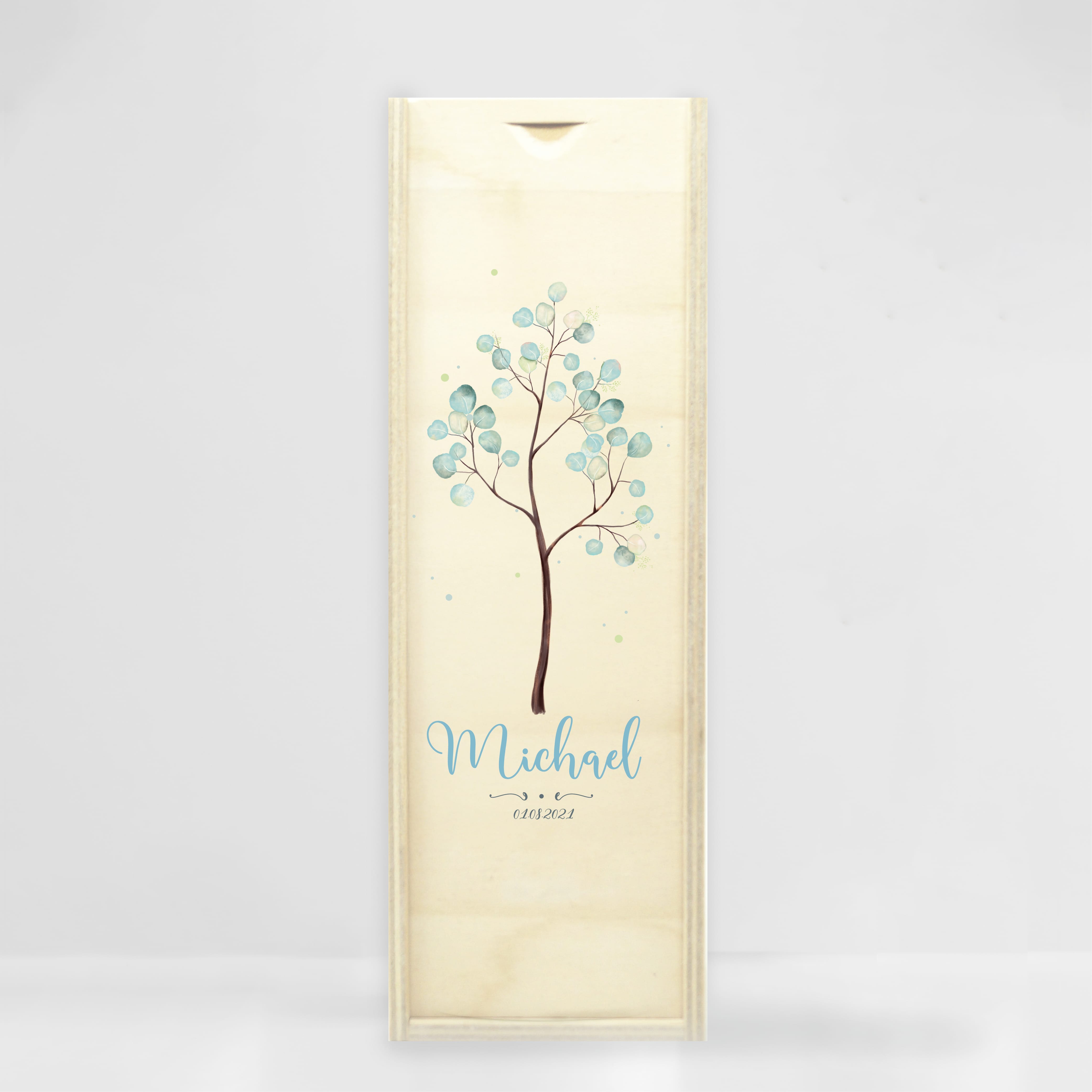 Auf dem Bild ist das Produkt: Taufkerze Junge Mädchen Baum Lebensbaum pastell bedruckt mit Namen, Datum und auf Wunsch eigenem, vorgegebenem oder keinem Taufspruch zum Preis von €5.90 abgebildet.