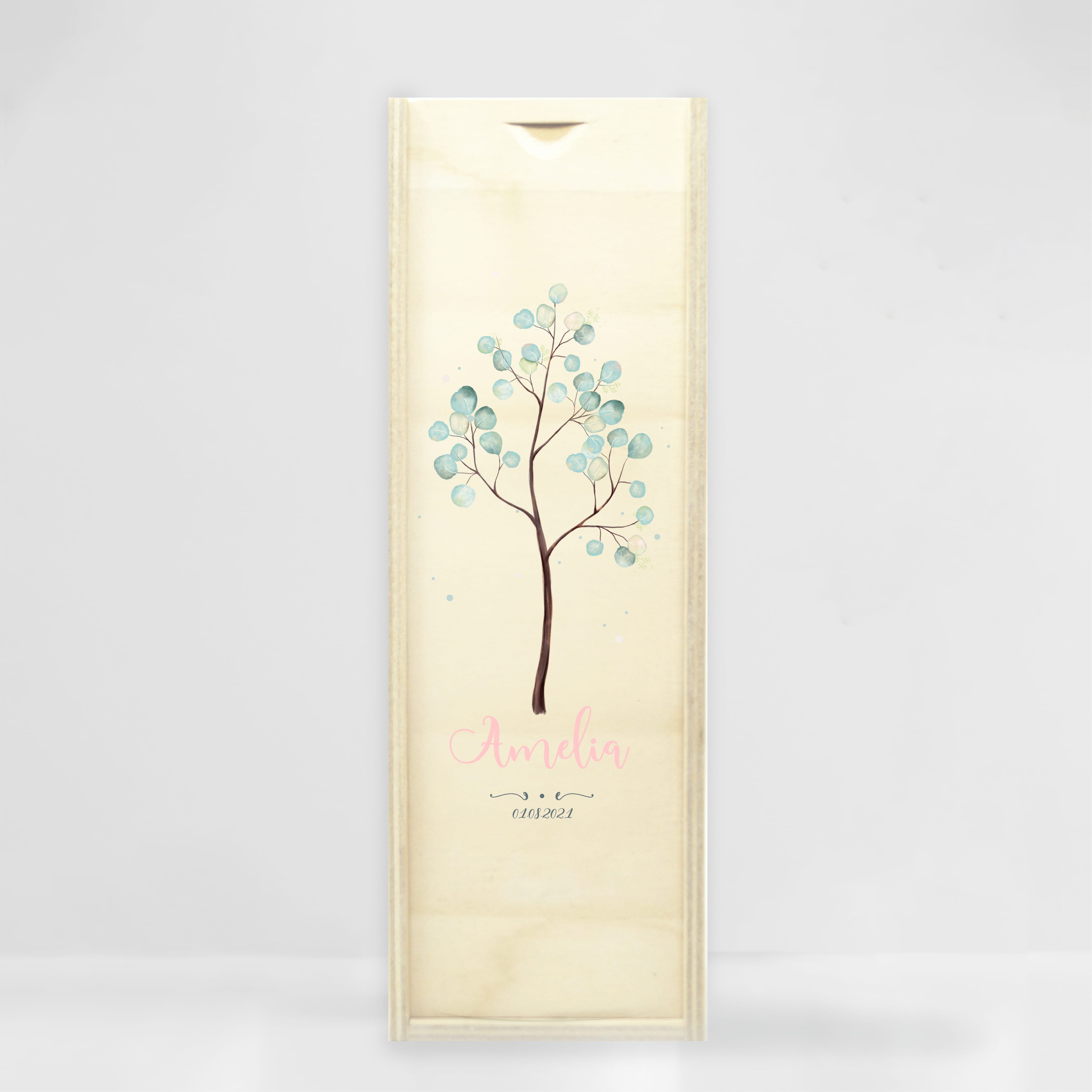 Auf dem Bild ist das Produkt: Taufkerze Junge Mädchen Baum Lebensbaum pastell bedruckt mit Namen, Datum und auf Wunsch eigenem, vorgegebenem oder keinem Taufspruch zum Preis von €5.90 abgebildet.