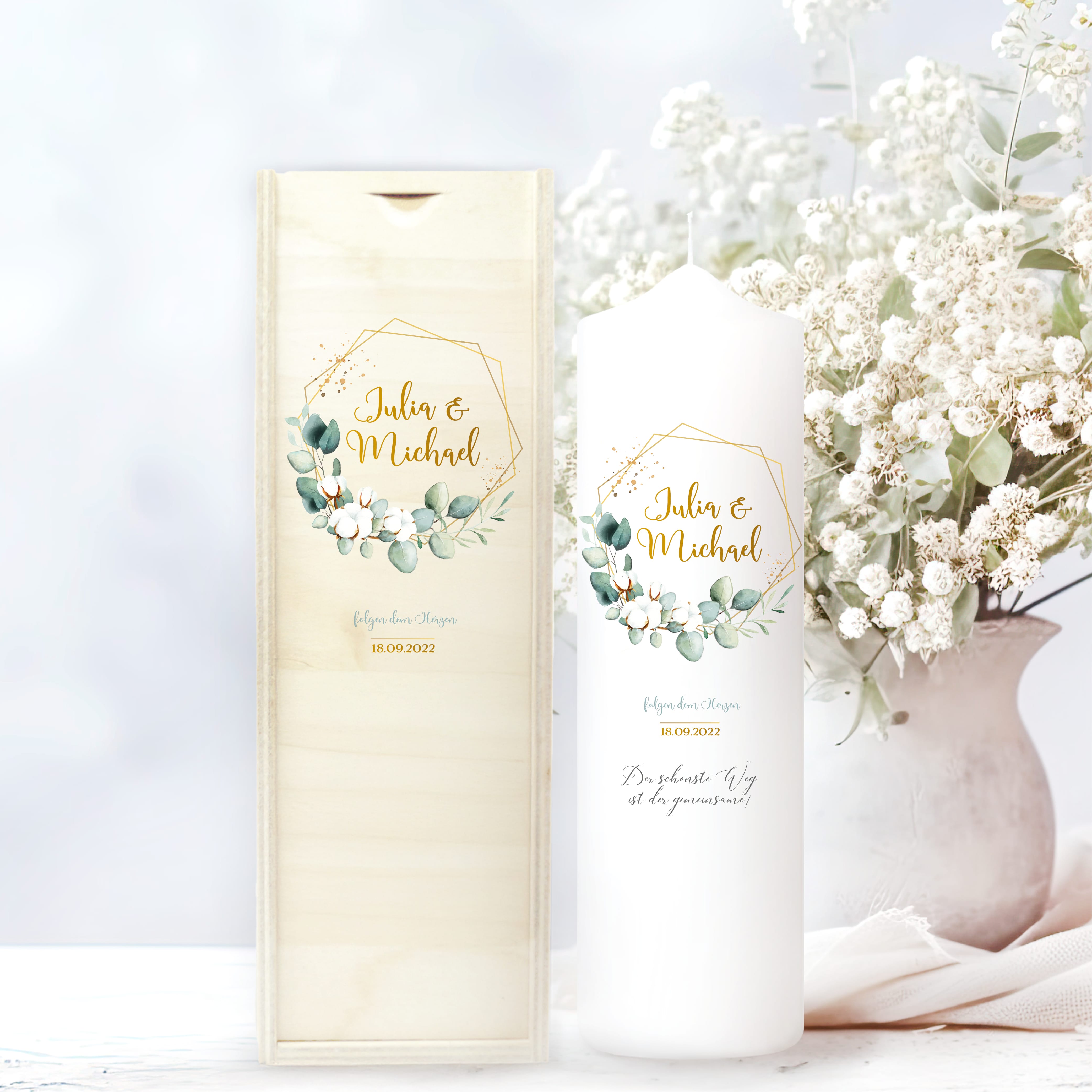 Weiße Hochzeitskerze Geburtstagskerze geometrischer Rahmen mit Eukalyptus personalisiert Hochzeitsgeschenk Spruch, Valentinstagsgeschenk