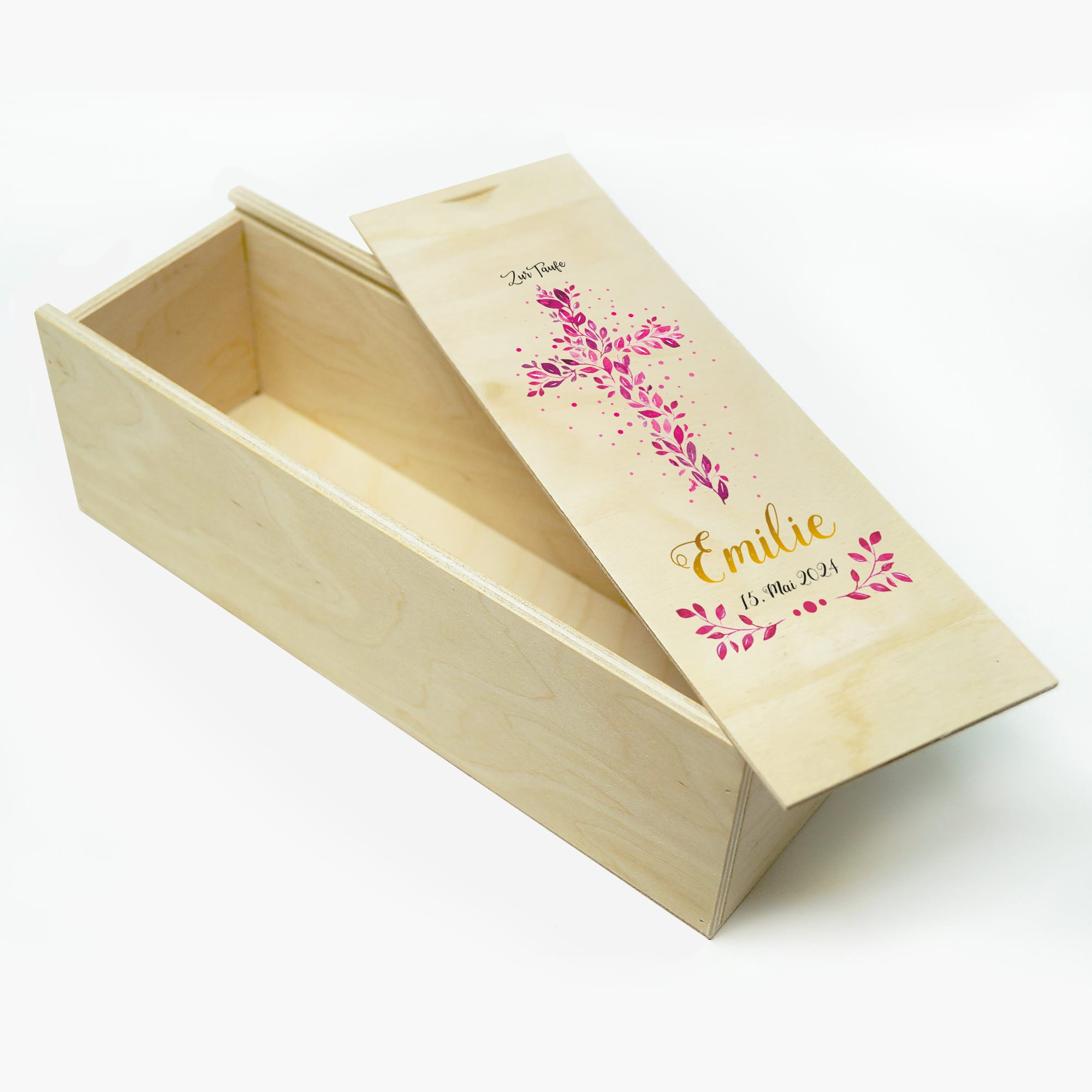 Auf dem Bild ist das Produkt: Taufkerze Junge Mädchen Baum Heiliges Kreuz pinke Blätter Kerze zur Taufe mit Namen, Datum und eigenem, vorgegebenem oder keinem Taufspruch zum Preis von €5.9 abgebildet.