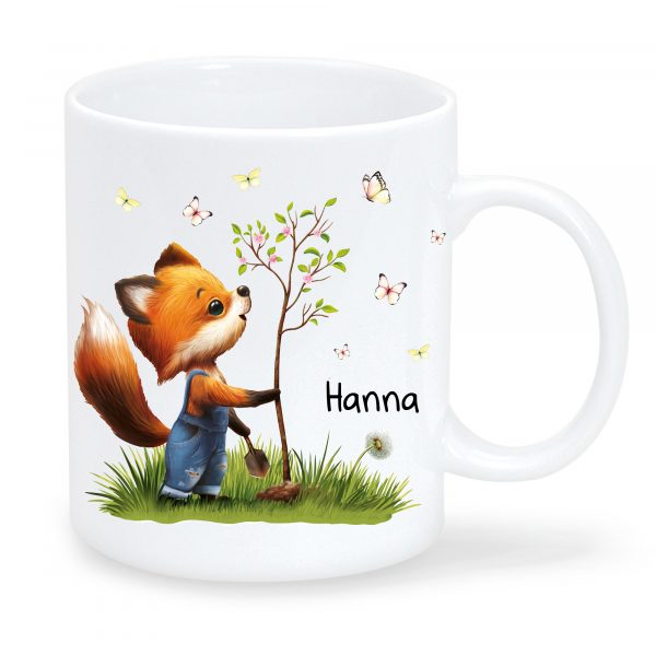 Auf dem Bild ist das Produkt: Tasse bedruckt Fuchs Baum weiß Wunschname personalisiert zum Preis von €18.90 abgebildet.