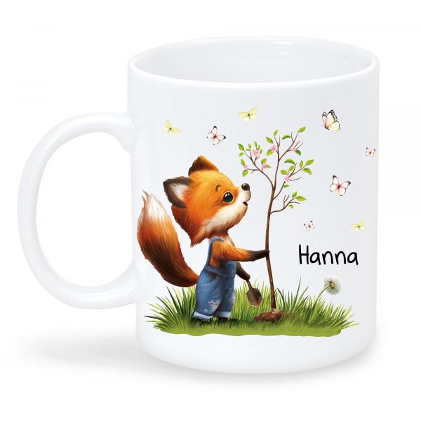 Auf dem Bild ist das Produkt: Tasse bedruckt Fuchs Baum weiß Wunschname personalisiert zum Preis von €18.90 abgebildet.