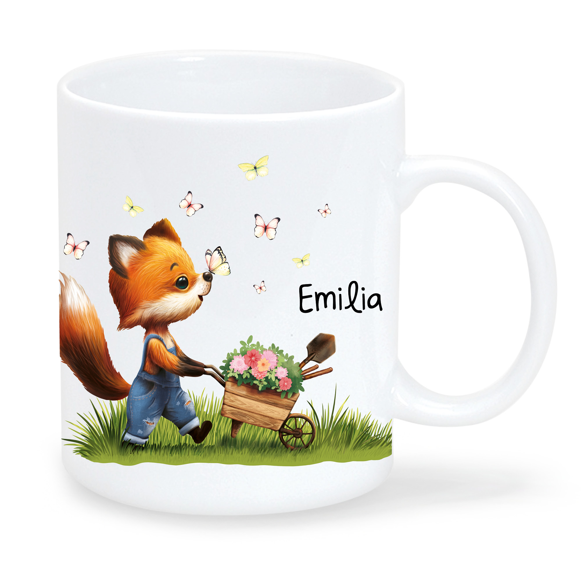 Tasse bedruckt Fuchs Schubkarre Blumen weiß Wunschname personalisiert