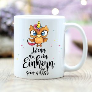 Auf dem Bild ist das Produkt: T171 Wandtattoo-Loft Kaffee Tasse Eule Einhorn "Einhorn sein" Lustig Spruch zum Preis von €18.9 abgebildet.