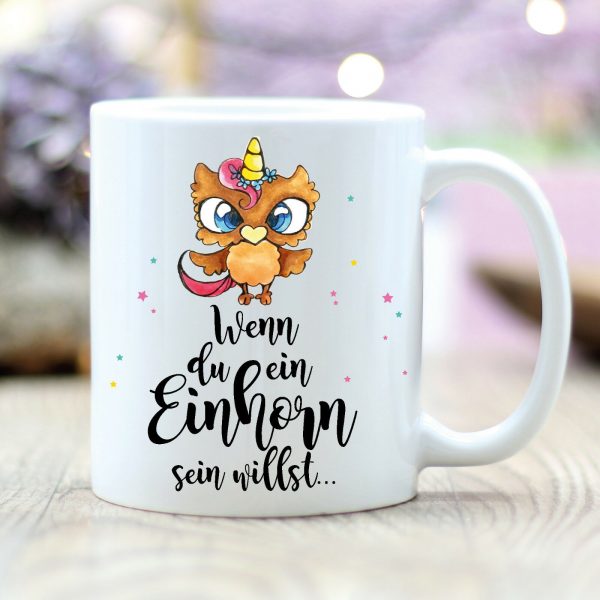 Auf dem Bild ist das Produkt: T171 Wandtattoo-Loft Kaffee Tasse Eule Einhorn "Einhorn sein" Lustig Spruch zum Preis von €18.9 abgebildet.