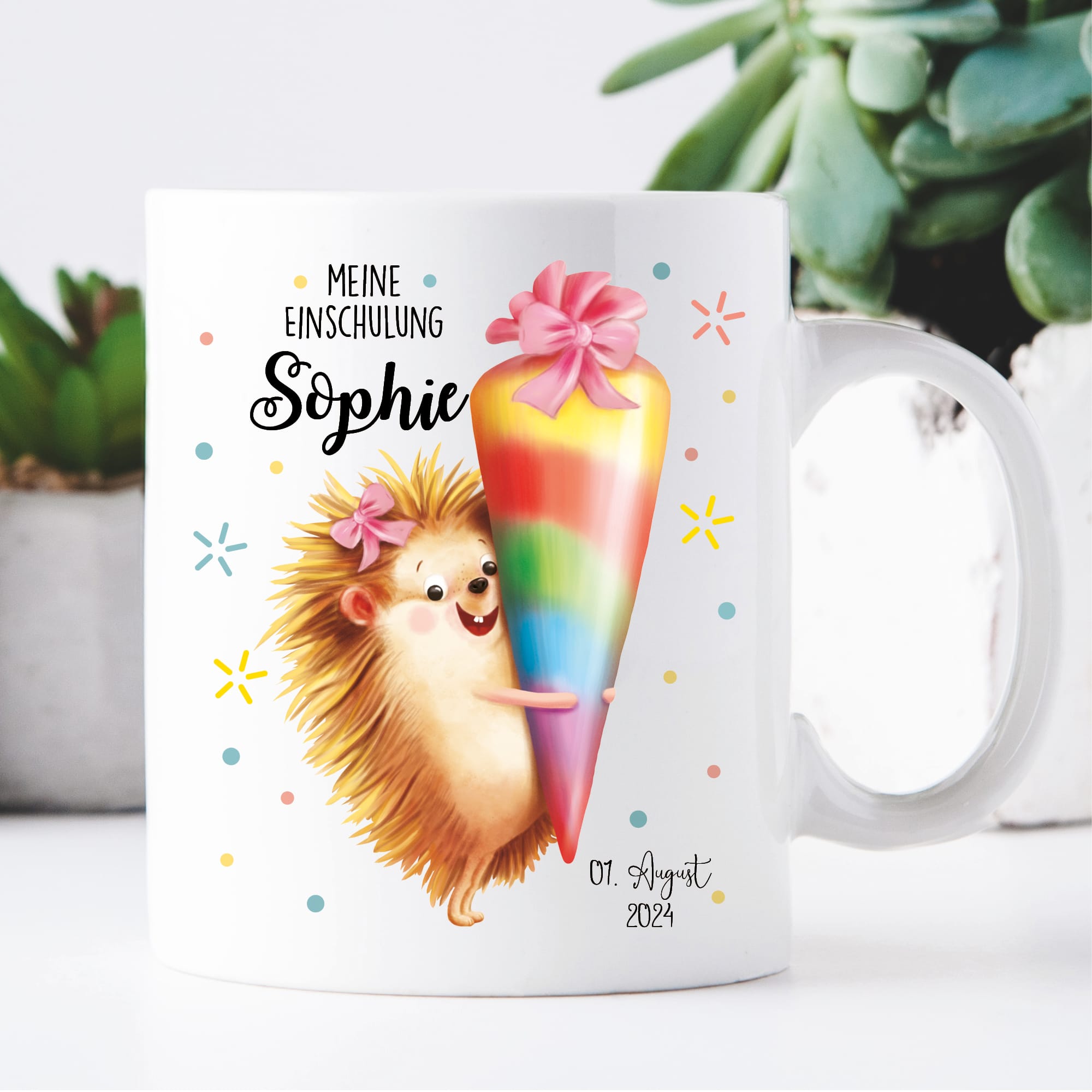 Geschenkidee Tasse aus Keramik oder Kunststoff bedruckt Igel Mädchen Schultüte personalisiert mit Wunschnamen und Datum