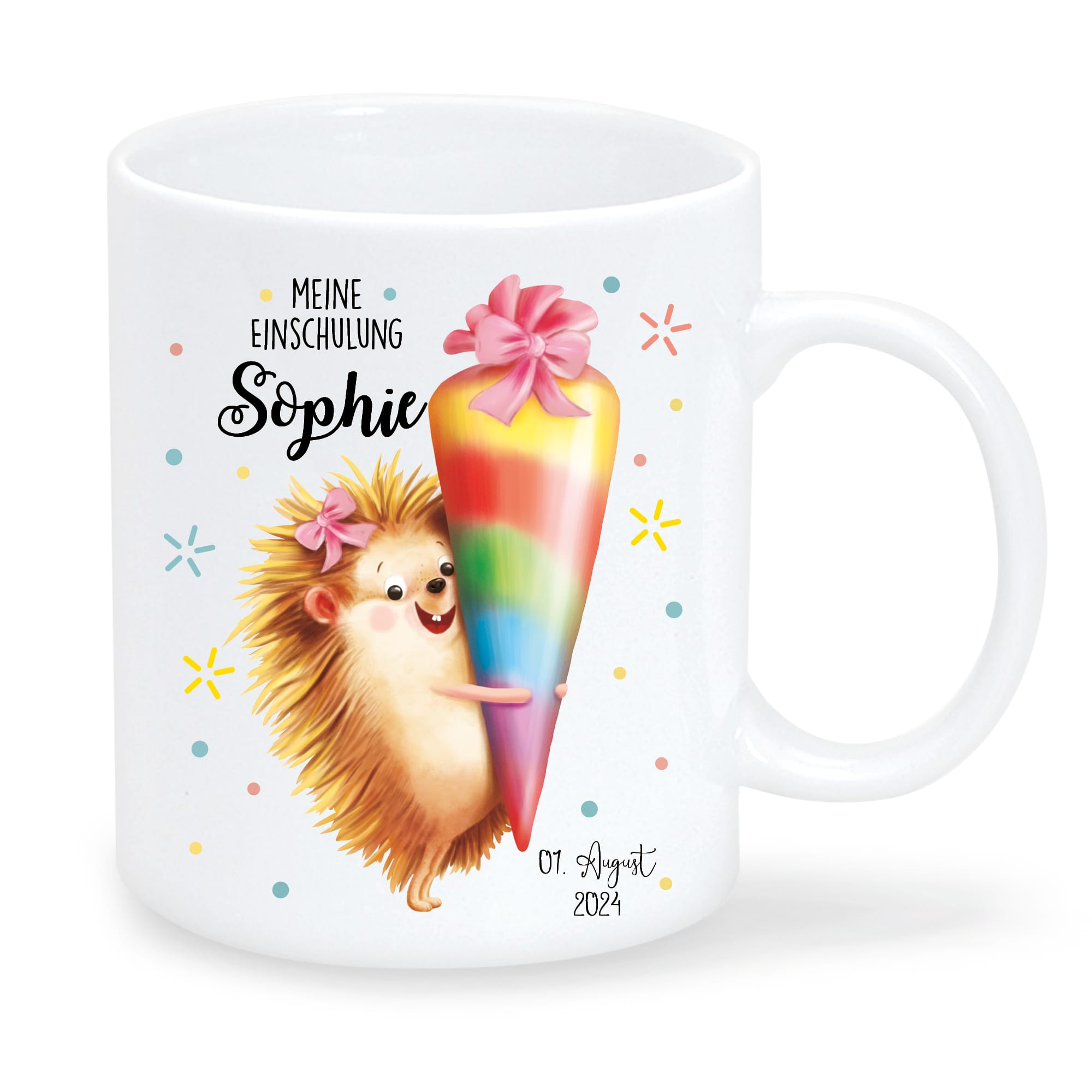 Auf dem Bild ist das Produkt: Geschenkidee Tasse aus Keramik oder Kunststoff bedruckt Igel Mädchen Schultüte personalisiert mit Wunschnamen und Datum zum Preis von €18.90 abgebildet.