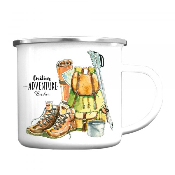 Auf dem Bild ist das Produkt: Campingbecher Emaille Adventure Becher mit Namen Wandersachen Geburtstagsgeschenk zum Preis von €18.90 abgebildet.