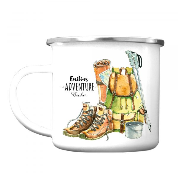 Auf dem Bild ist das Produkt: Campingbecher Emaille Adventure Becher mit Namen Wandersachen Geburtstagsgeschenk zum Preis von €18.90 abgebildet.