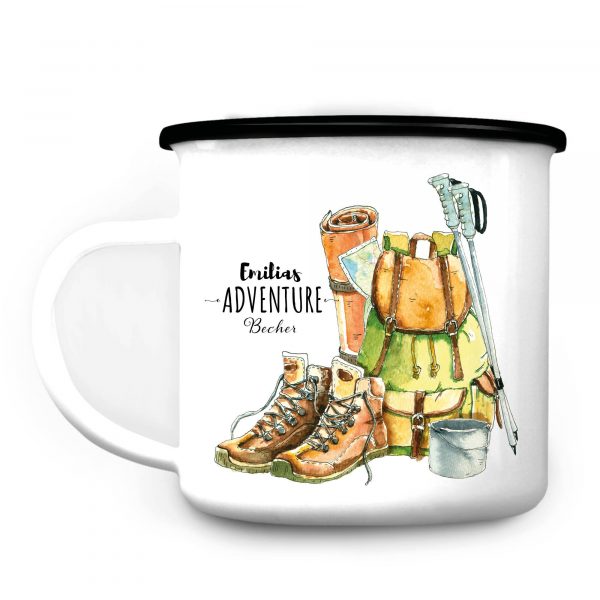 Auf dem Bild ist das Produkt: Campingbecher Emaille Adventure Becher mit Namen Wandersachen Geburtstagsgeschenk zum Preis von €18.90 abgebildet.