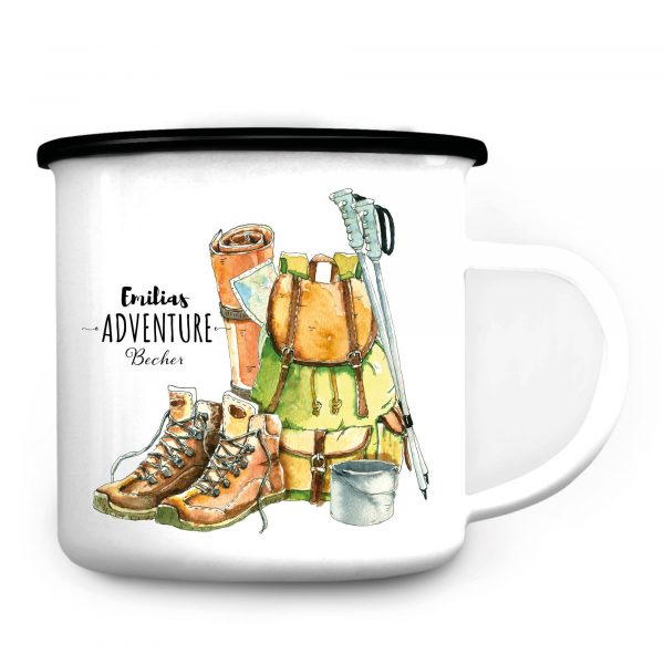 Auf dem Bild ist das Produkt: Campingbecher Emaille Adventure Becher mit Namen Wandersachen Geburtstagsgeschenk zum Preis von €18.90 abgebildet.
