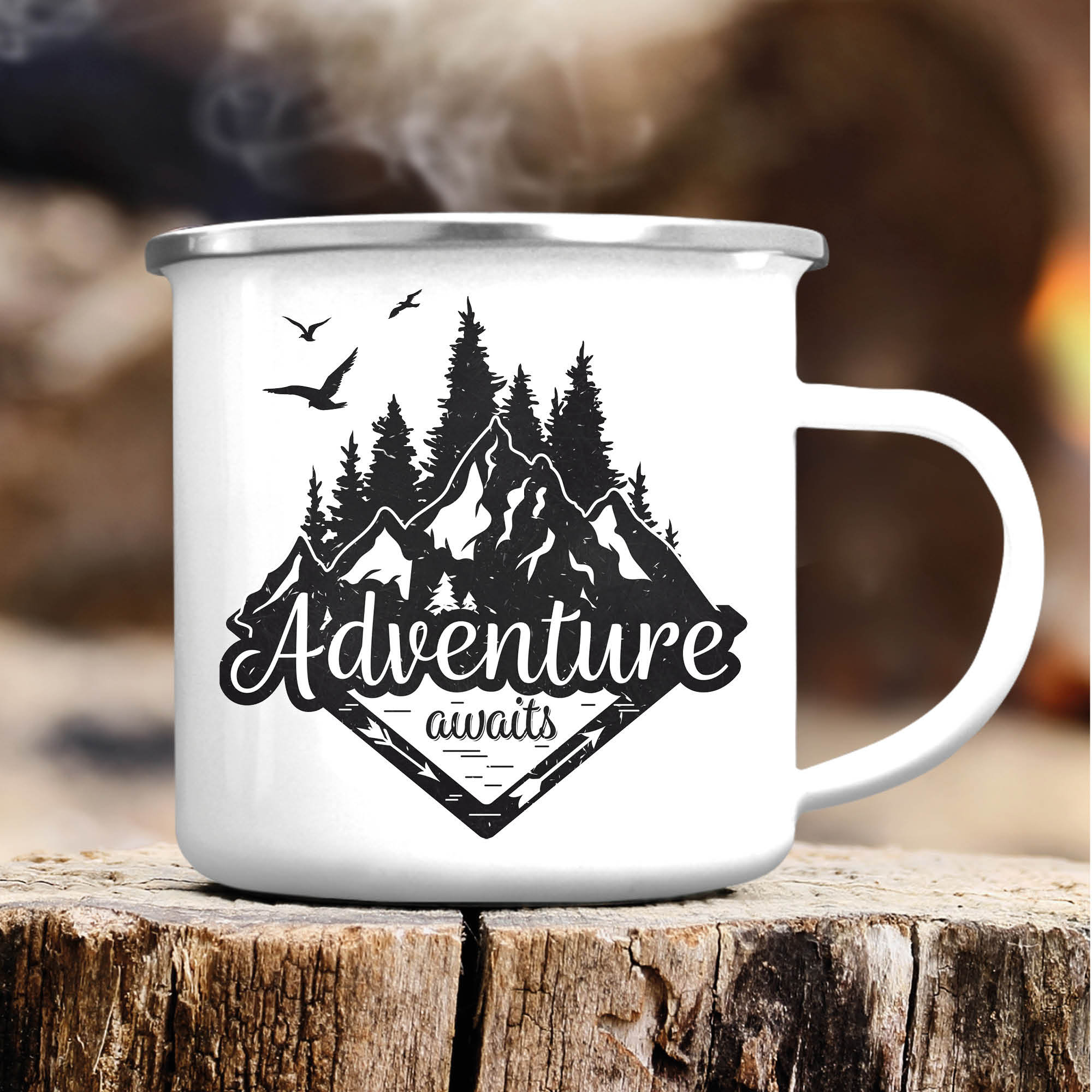 Campingbecher Emaille Bäume und Berge Adventure awaits Geburtstagsgeschenk Geschenk zu Ostern