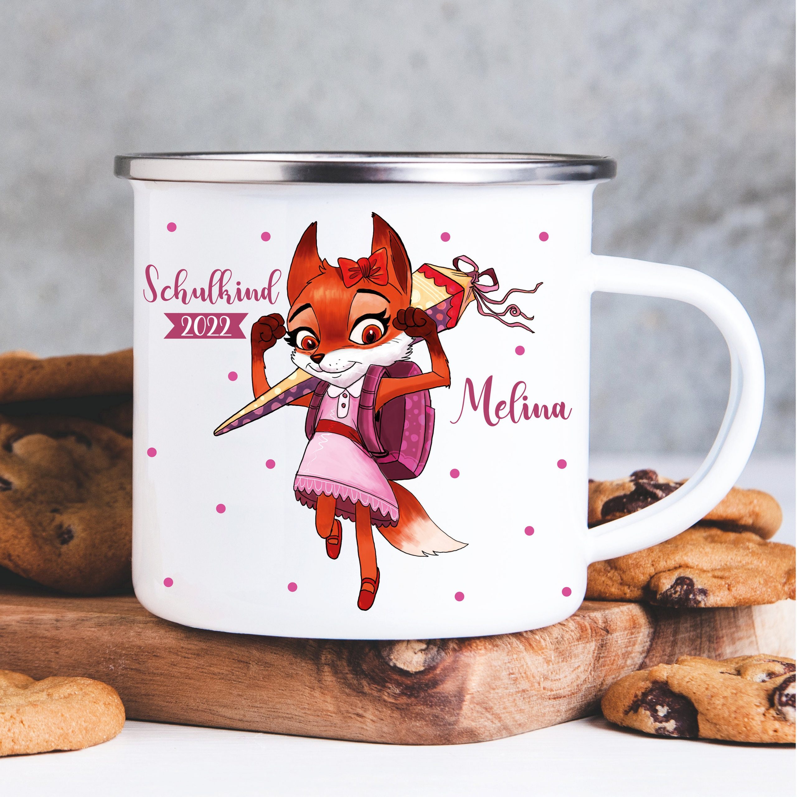 Campingbecher Emaille für Mädchen Hübscher Fuchs mit Schultüte personalisiert mit Ihrem Wunschnamen, Einschulungsgeschenk