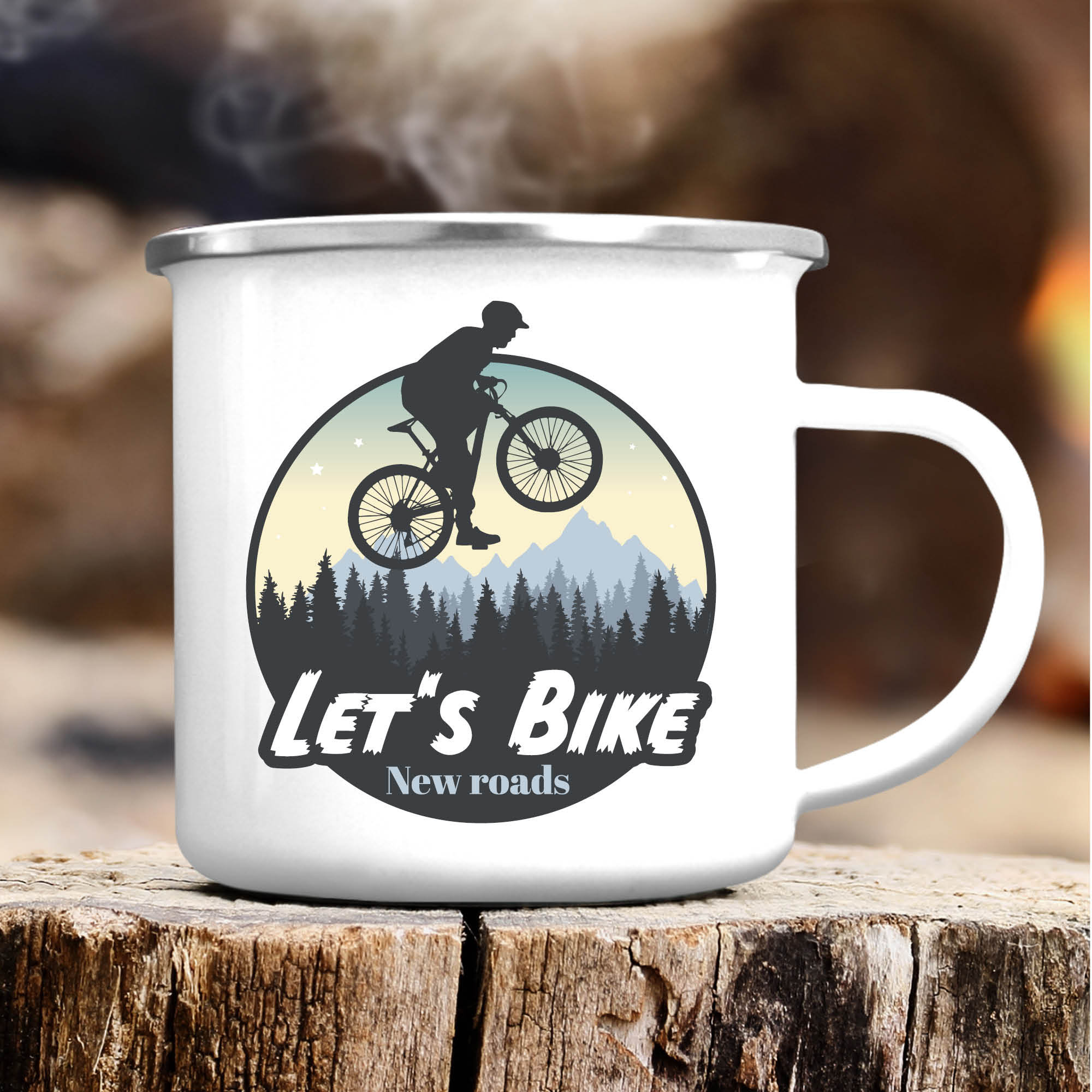 Campingbecher Emaille Radfahrer Mountainbike Berge und Wald, Geburtstagsgeschenk, Geschenk zu Ostern