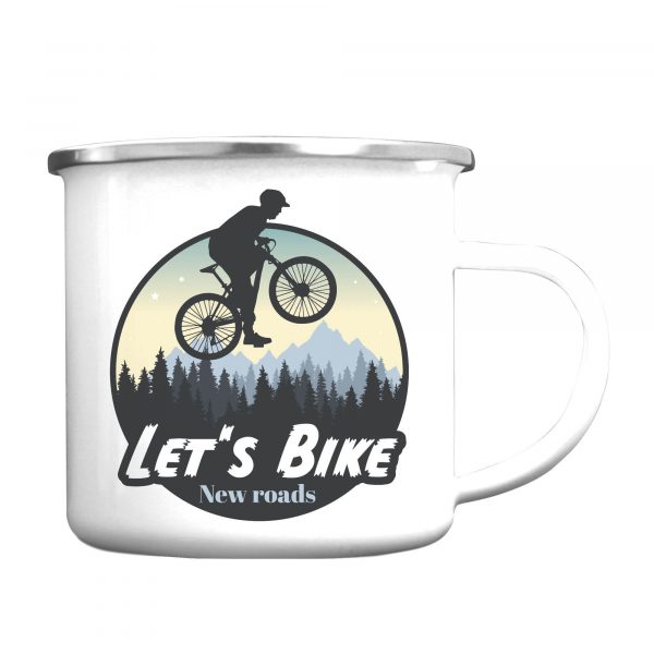 Auf dem Bild ist das Produkt: Campingbecher Emaille Radfahrer Mountainbike Berge und Wald Geschenk Fahrrad zum Preis von €18.90 abgebildet.
