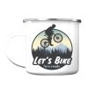 Auf dem Bild ist das Produkt: Campingbecher Emaille Radfahrer Mountainbike Berge und Wald Geschenk Fahrrad zum Preis von €18.90 abgebildet.