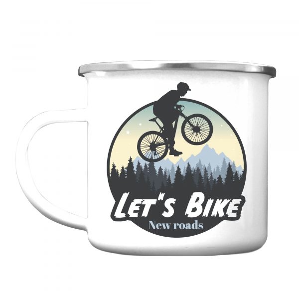 Auf dem Bild ist das Produkt: Campingbecher Emaille Radfahrer Mountainbike Berge und Wald Geschenk Fahrrad zum Preis von €18.90 abgebildet.