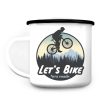 Auf dem Bild ist das Produkt: Campingbecher Emaille Radfahrer Mountainbike Berge und Wald Geschenk Fahrrad zum Preis von €18.90 abgebildet.