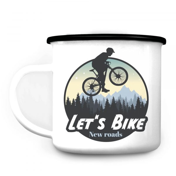 Auf dem Bild ist das Produkt: Campingbecher Emaille Radfahrer Mountainbike Berge und Wald Geschenk Fahrrad zum Preis von €18.90 abgebildet.