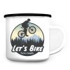 Auf dem Bild ist das Produkt: Campingbecher Emaille Radfahrer Mountainbike Berge und Wald Geschenk Fahrrad zum Preis von €18.90 abgebildet.