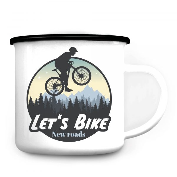 Auf dem Bild ist das Produkt: Campingbecher Emaille Radfahrer Mountainbike Berge und Wald Geschenk Fahrrad zum Preis von €18.90 abgebildet.