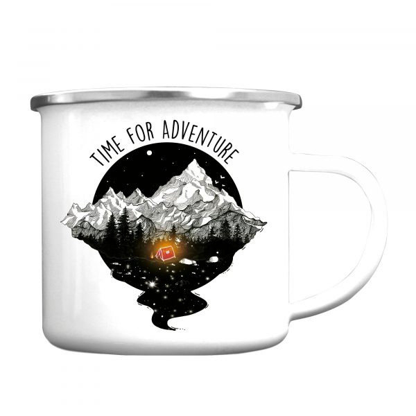 Auf dem Bild ist das Produkt: Campingbecher Emaille Zelt mit Lagerfeuer vor Bergen Time for adventures, Geburtstagsgeschenk, Geschenk zu Ostern zum Preis von €16.9 abgebildet.