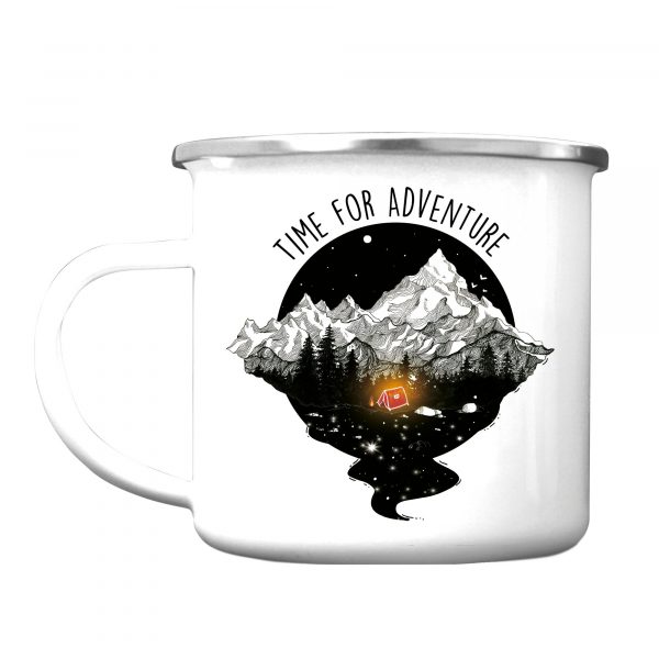 Auf dem Bild ist das Produkt: Campingbecher Emaille Zelt mit Lagerfeuer vor Bergen Time for adventures, Geburtstagsgeschenk, Geschenk zu Ostern zum Preis von €16.9 abgebildet.