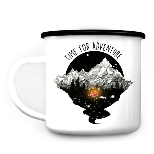 Auf dem Bild ist das Produkt: Campingbecher Emaille Zelt mit Lagerfeuer vor Bergen Time for adventures, Geburtstagsgeschenk, Geschenk zu Ostern zum Preis von €16.9 abgebildet.