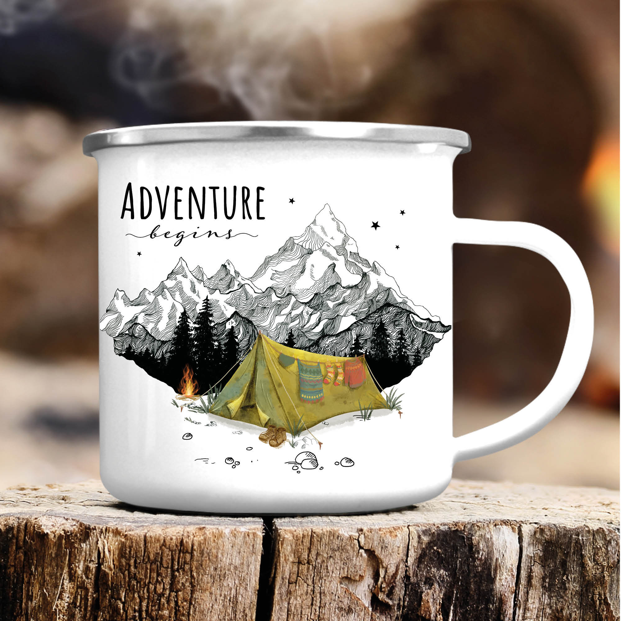 Campingbecher Emaille Zelt vor Bergen Adventure begins, Geburtstagsgeschenk, Geschenk zu Ostern