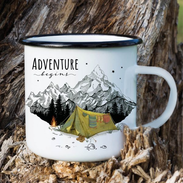Auf dem Bild ist das Produkt: Campingbecher Emaille Zelt vor Bergen Adventure begins, Geburtstagsgeschenk, Geschenk zu Ostern zum Preis von €16.9 abgebildet.