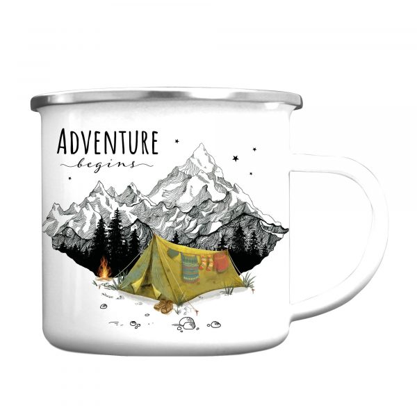 Auf dem Bild ist das Produkt: Campingbecher Emaille Zelt vor Bergen Adventure begins, Geburtstagsgeschenk, Geschenk zu Ostern zum Preis von €16.9 abgebildet.