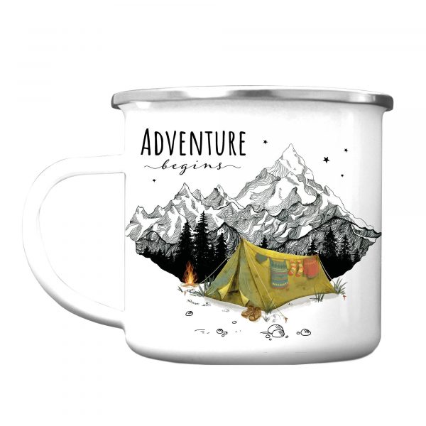 Auf dem Bild ist das Produkt: Campingbecher Emaille Zelt vor Bergen Adventure begins, Geburtstagsgeschenk, Geschenk zu Ostern zum Preis von €16.9 abgebildet.