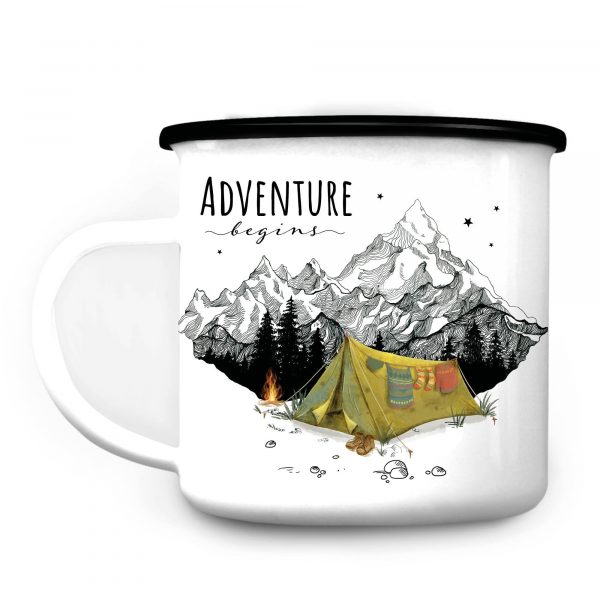 Auf dem Bild ist das Produkt: Campingbecher Emaille Zelt vor Bergen Adventure begins, Geburtstagsgeschenk, Geschenk zu Ostern zum Preis von €16.9 abgebildet.