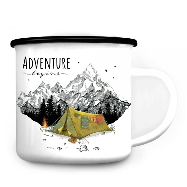 Auf dem Bild ist das Produkt: Campingbecher Emaille Zelt vor Bergen Adventure begins, Geburtstagsgeschenk, Geschenk zu Ostern zum Preis von €16.9 abgebildet.