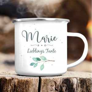 Auf dem Bild ist das Produkt: Emaille Campingbecher Lieblings*mensch personalisiert mit Wunschnamen, Geburtstagsgeschenk, Zweig zum Preis von €18.9 abgebildet.