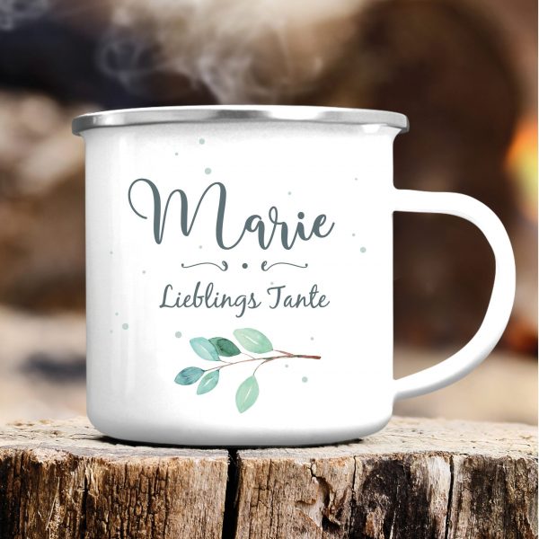 Auf dem Bild ist das Produkt: Emaille Campingbecher Lieblings*mensch personalisiert mit Wunschnamen, Geburtstagsgeschenk, Zweig zum Preis von €18.9 abgebildet.