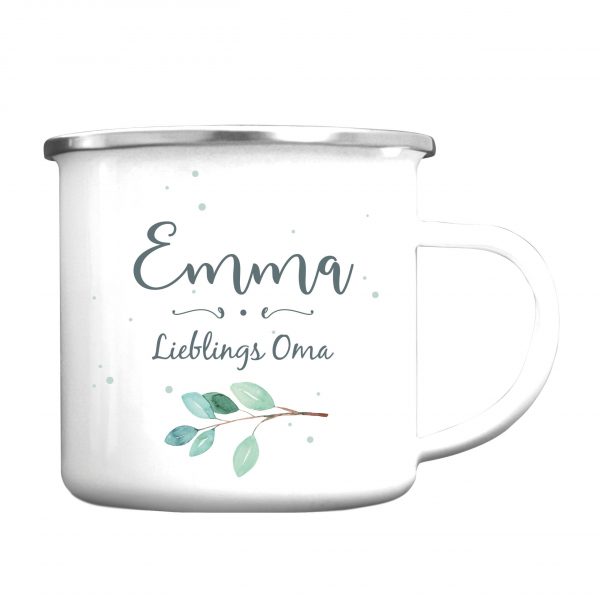 Auf dem Bild ist das Produkt: Emaille Campingbecher Lieblings*mensch personalisiert mit Wunschnamen, Geburtstagsgeschenk, Zweig zum Preis von €18.9 abgebildet.