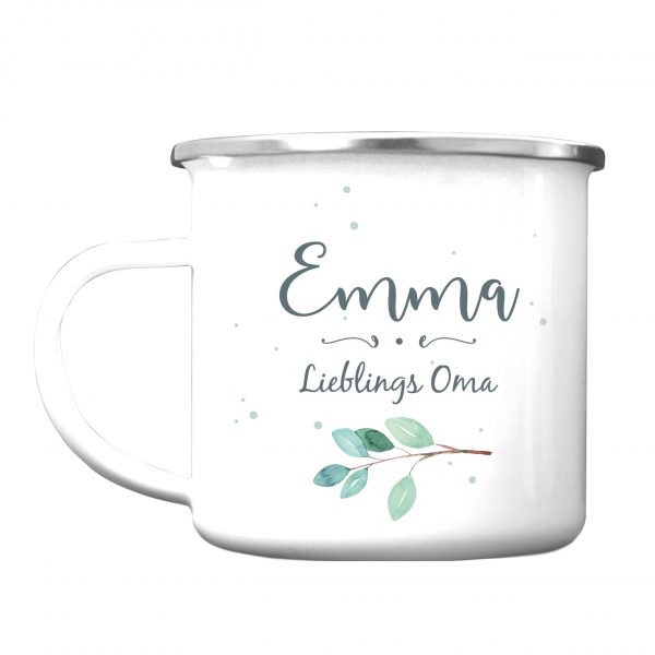 Auf dem Bild ist das Produkt: Emaille Campingbecher Lieblings*mensch personalisiert mit Wunschnamen, Geburtstagsgeschenk, Zweig zum Preis von €18.9 abgebildet.