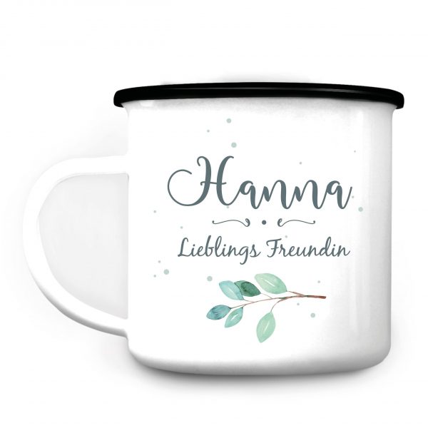 Auf dem Bild ist das Produkt: Emaille Campingbecher Lieblings*mensch personalisiert mit Wunschnamen, Geburtstagsgeschenk, Zweig zum Preis von €18.9 abgebildet.