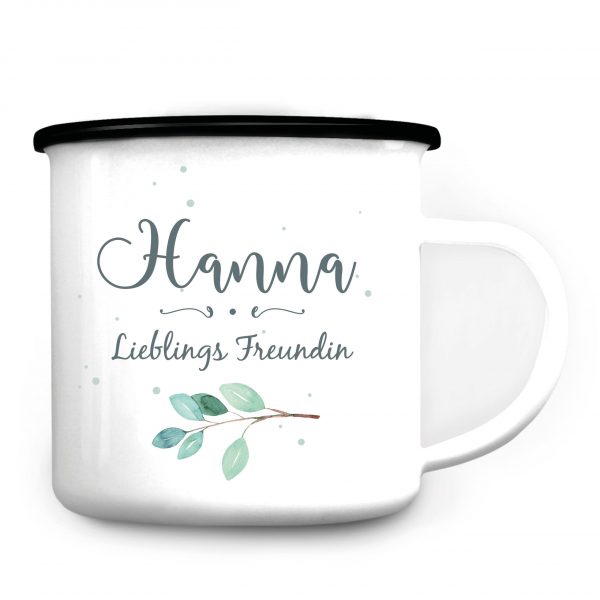 Auf dem Bild ist das Produkt: Emaille Campingbecher Lieblings*mensch personalisiert mit Wunschnamen, Geburtstagsgeschenk, Zweig zum Preis von €18.9 abgebildet.