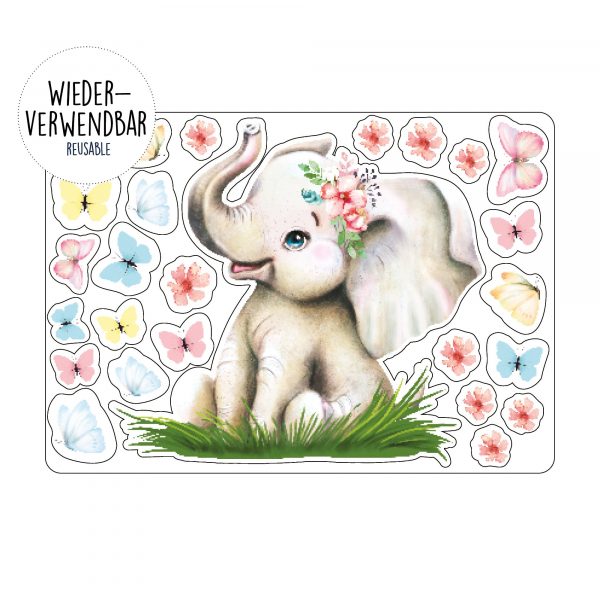 Auf dem Bild ist das Produkt: Fensterbild Frühling Ostern Elefant mit Schmetterlingen Fensterdeko Kinderzimmer Kind, Frühligsdeko zum Preis von €14.9 abgebildet.