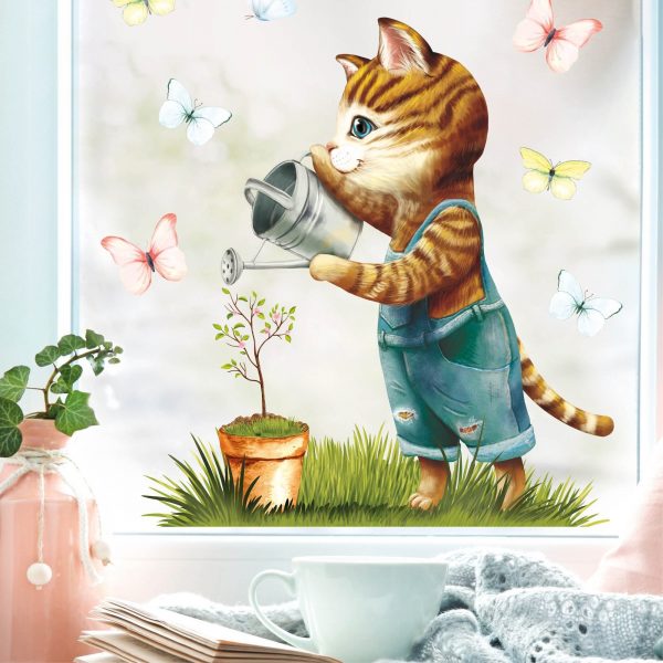 Auf dem Bild ist das Produkt: Fensterbild Frühling Ostern Katze mit Giesskanne Blumentopf und Schmetterlingen zum Preis von €14.9 abgebildet.
