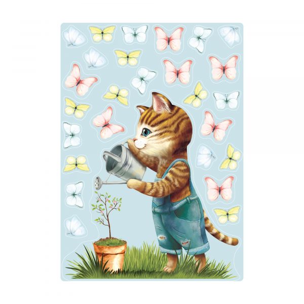 Auf dem Bild ist das Produkt: Fensterbild Frühling Ostern Katze mit Giesskanne Blumentopf und Schmetterlingen zum Preis von €14.9 abgebildet.