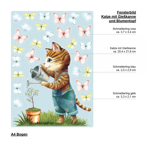 Auf dem Bild ist das Produkt: Fensterbild Frühling Ostern Katze mit Giesskanne Blumentopf und Schmetterlingen zum Preis von €14.9 abgebildet.